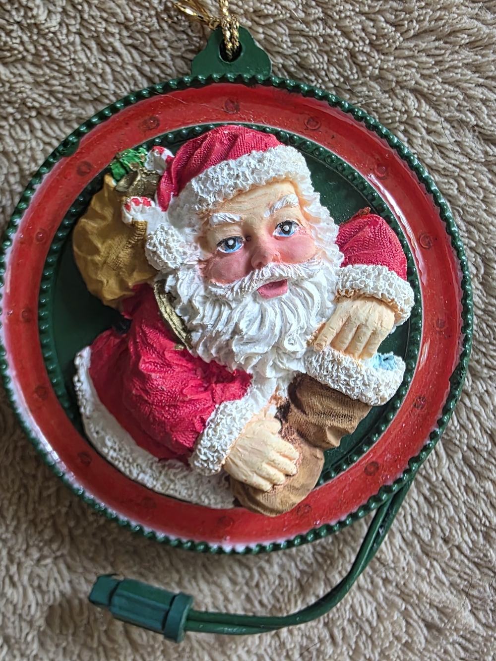 Santa Claus Round Hanging Lighted Plastic Christmas Ornament Red Green Untested